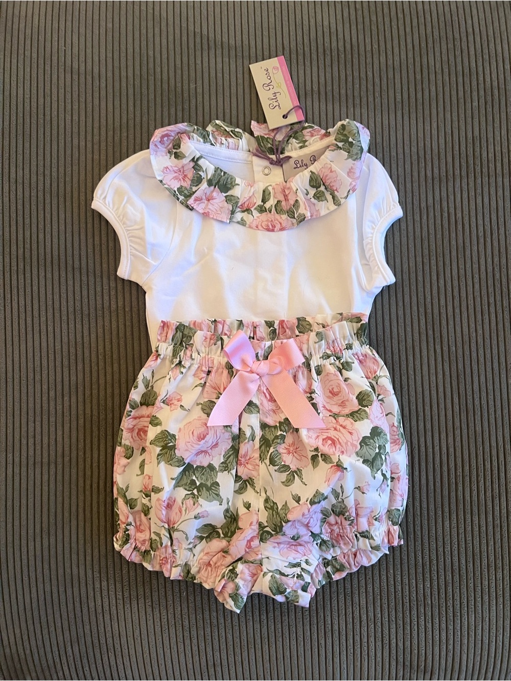 Trotters White Top with Pink Rose Floral Bloomers Set